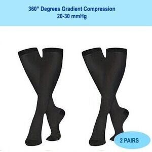 Unisex 20-30 mmHg Compression Socks XXL Knee High Medical Black Rib 2 Pack NEW
